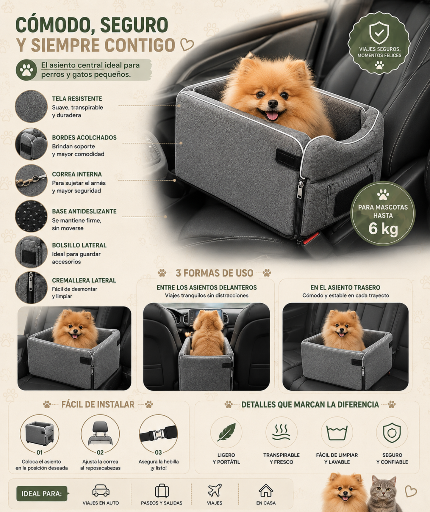 Cama y asiento central portátil para perros y gatos